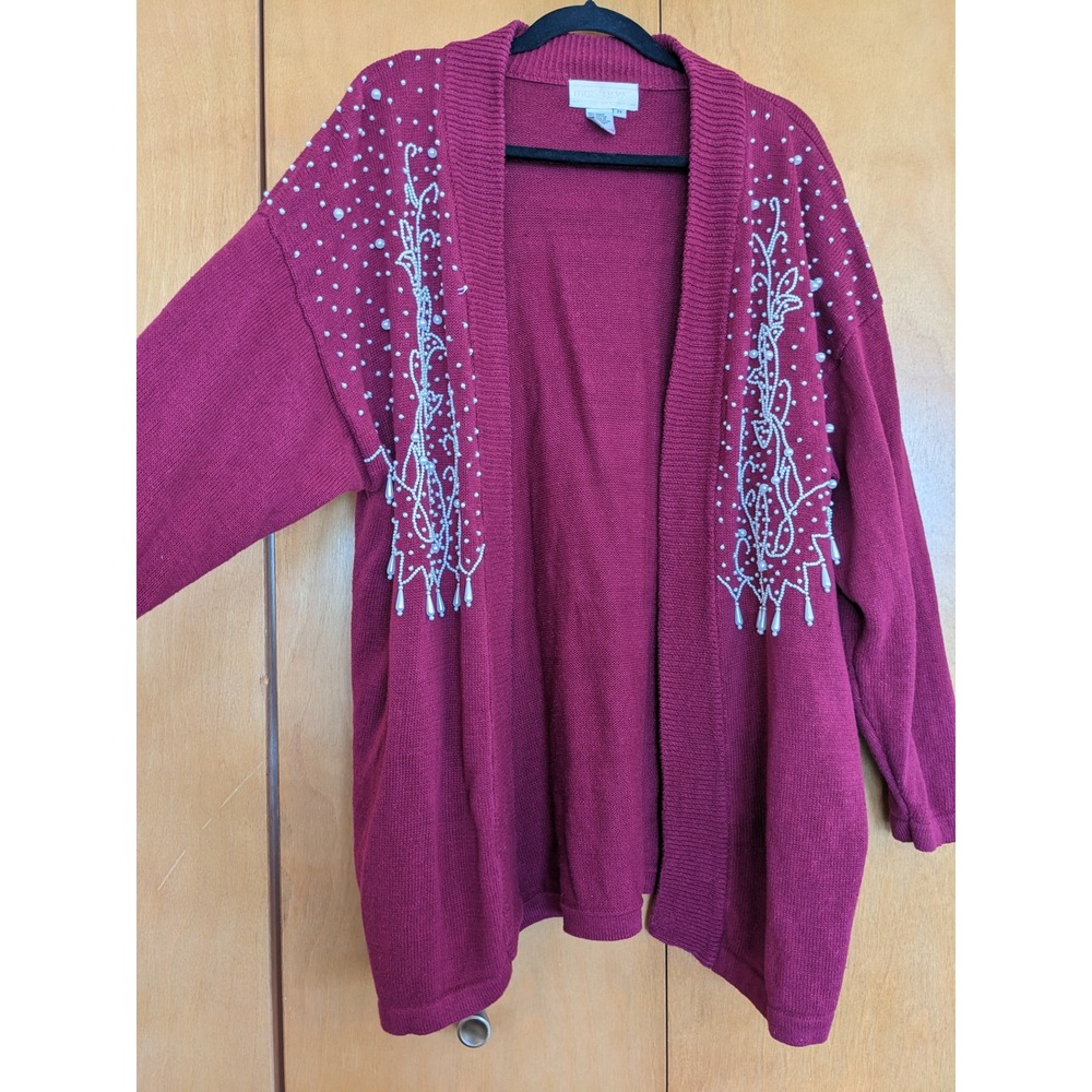 Vintage 90s Maurada Pearl Beaded Cardigan Grandmacore Burgundy Oversized 2X